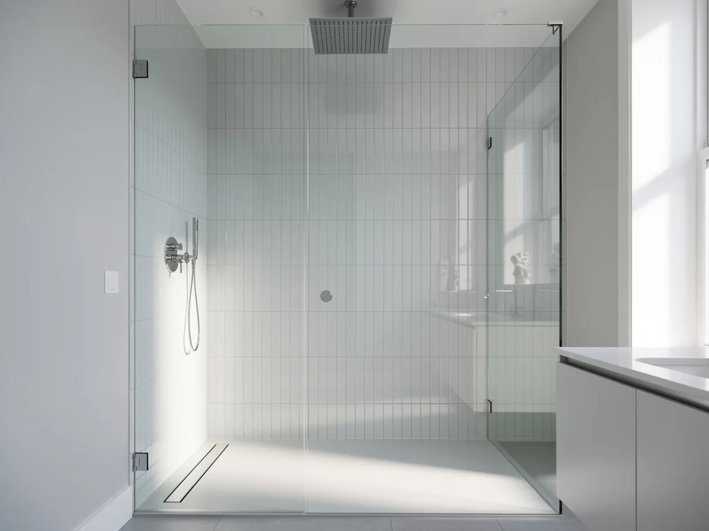 Douche de plain-pied fermée par une paroi vitrée et faïence claire
